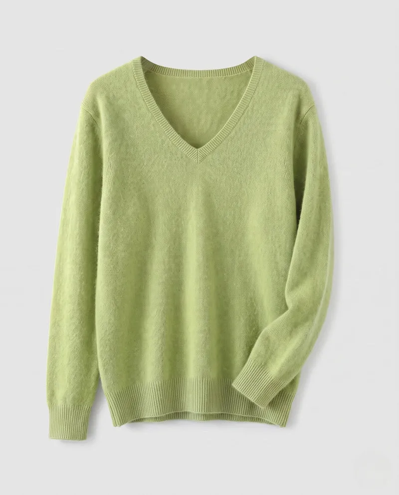 Damen Weicher V‑Ausschnitt‑Pullover in Angora‑Optik mit Mohair‑Mix und gerippten Bündchen Nord Taschen