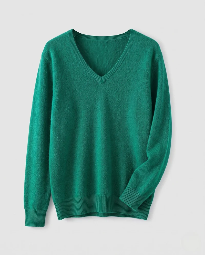 Damen Weicher V‑Ausschnitt‑Pullover in Angora‑Optik mit Mohair‑Mix und gerippten Bündchen Nord Taschen