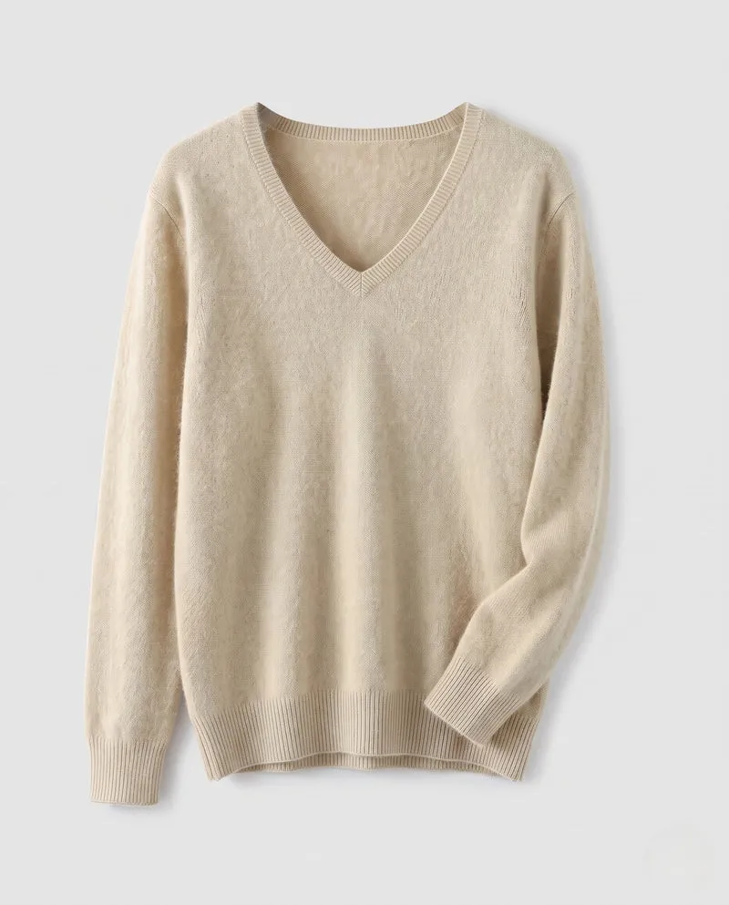 Damen Weicher V‑Ausschnitt‑Pullover in Angora‑Optik mit Mohair‑Mix und gerippten Bündchen Nord Taschen