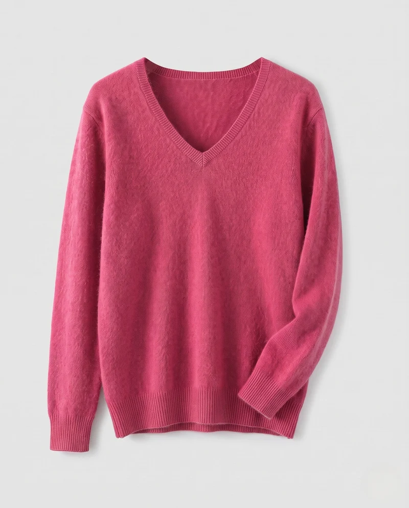 Damen Weicher V‑Ausschnitt‑Pullover in Angora‑Optik mit Mohair‑Mix und gerippten Bündchen Nord Taschen
