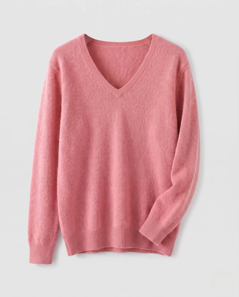 Damen Weicher V‑Ausschnitt‑Pullover in Angora‑Optik mit Mohair‑Mix und gerippten Bündchen Nord Taschen