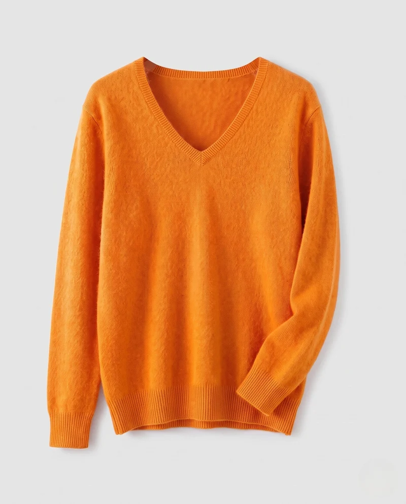 Damen Weicher V‑Ausschnitt‑Pullover in Angora‑Optik mit Mohair‑Mix und gerippten Bündchen Nord Taschen