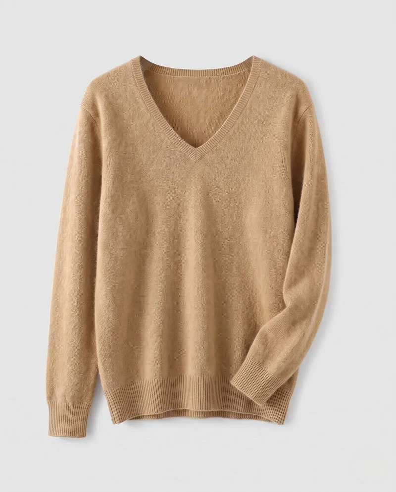 Damen Weicher V‑Ausschnitt‑Pullover in Angora‑Optik mit Mohair‑Mix und gerippten Bündchen Nord Taschen