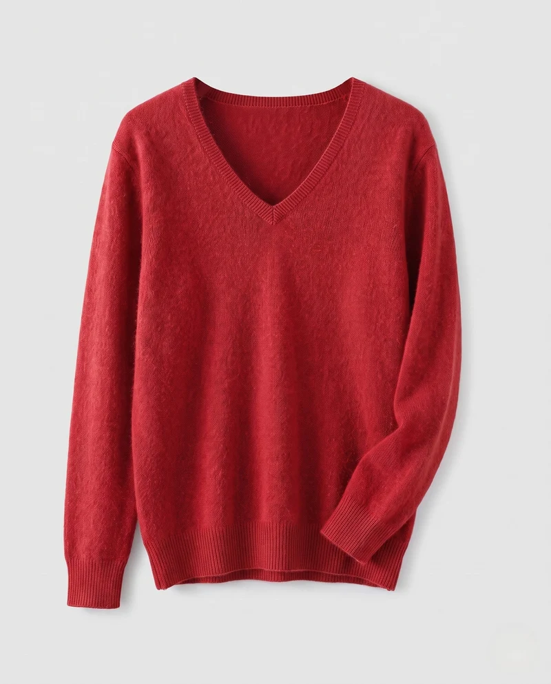 Damen Weicher V‑Ausschnitt‑Pullover in Angora‑Optik mit Mohair‑Mix und gerippten Bündchen Nord Taschen