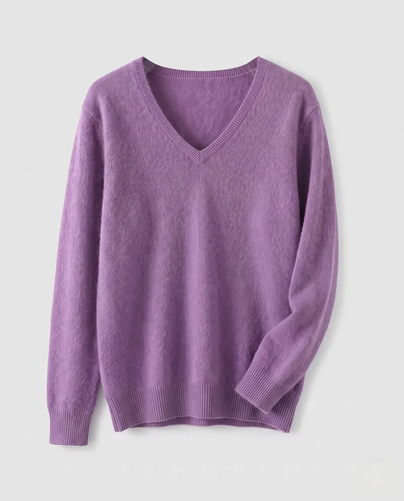 Damen Weicher V‑Ausschnitt‑Pullover in Angora‑Optik mit Mohair‑Mix und gerippten Bündchen Nord Taschen