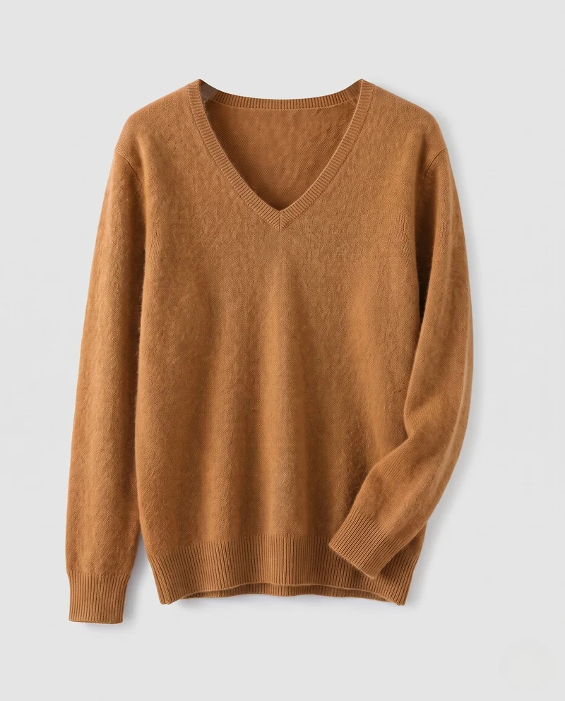 Damen Weicher V‑Ausschnitt‑Pullover in Angora‑Optik mit Mohair‑Mix und gerippten Bündchen Nord Taschen