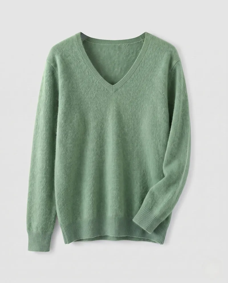 Damen Weicher V‑Ausschnitt‑Pullover in Angora‑Optik mit Mohair‑Mix und gerippten Bündchen Nord Taschen