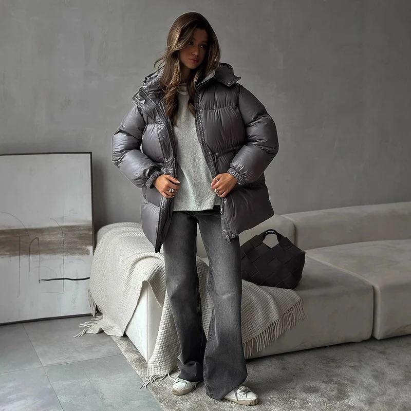 Damen gesteppte Steppjacke mit Taillenzug und Kapuze Nord Taschen