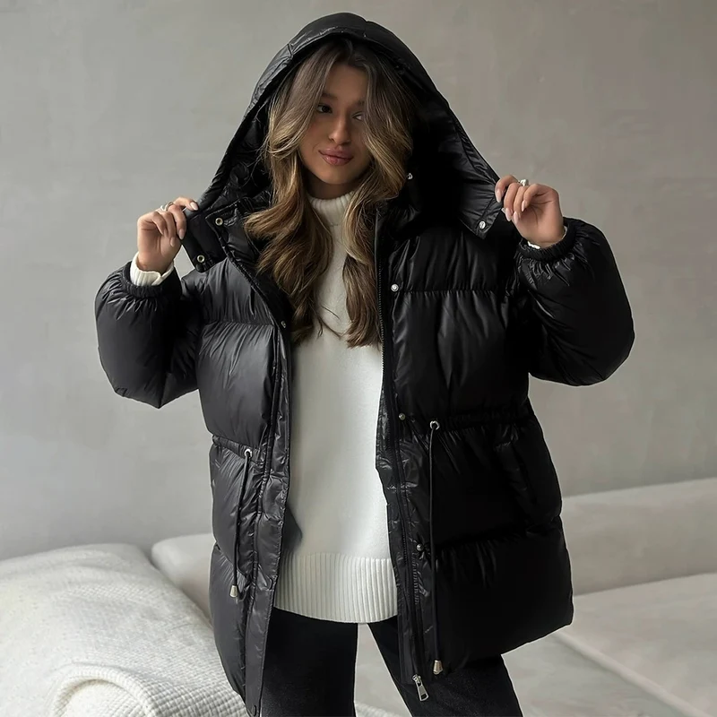 Damen gesteppte Steppjacke mit Taillenzug und Kapuze Nord Taschen