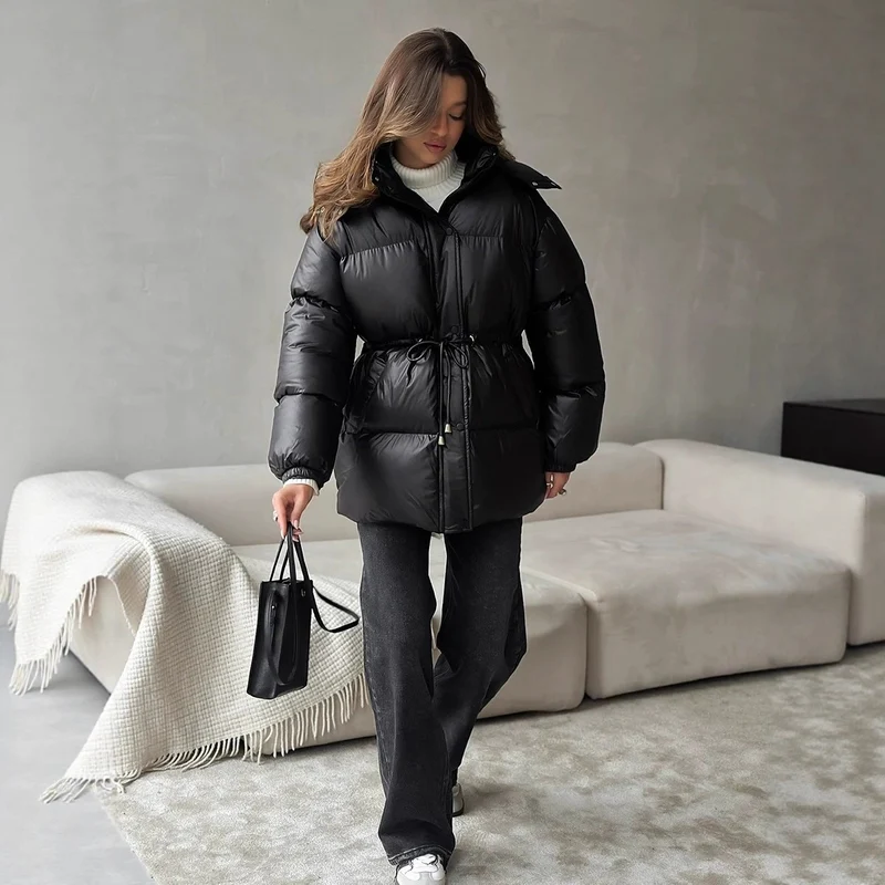 Damen gesteppte Steppjacke mit Taillenzug und Kapuze Nord Taschen