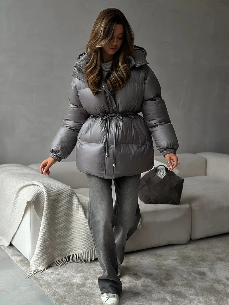 Damen gesteppte Steppjacke mit Taillenzug und Kapuze Nord Taschen