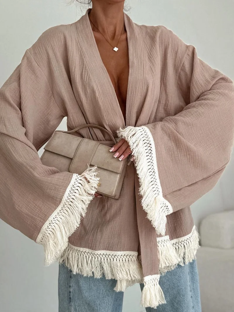 Damen Fransen-Kimono-Jacke aus Leinenoptik mit Taillengürtel Nord Taschen