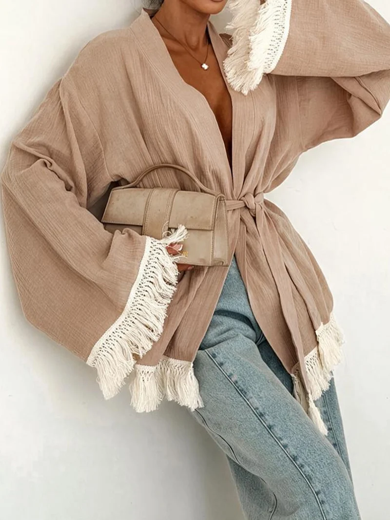 Damen Fransen-Kimono-Jacke aus Leinenoptik mit Taillengürtel Nord Taschen