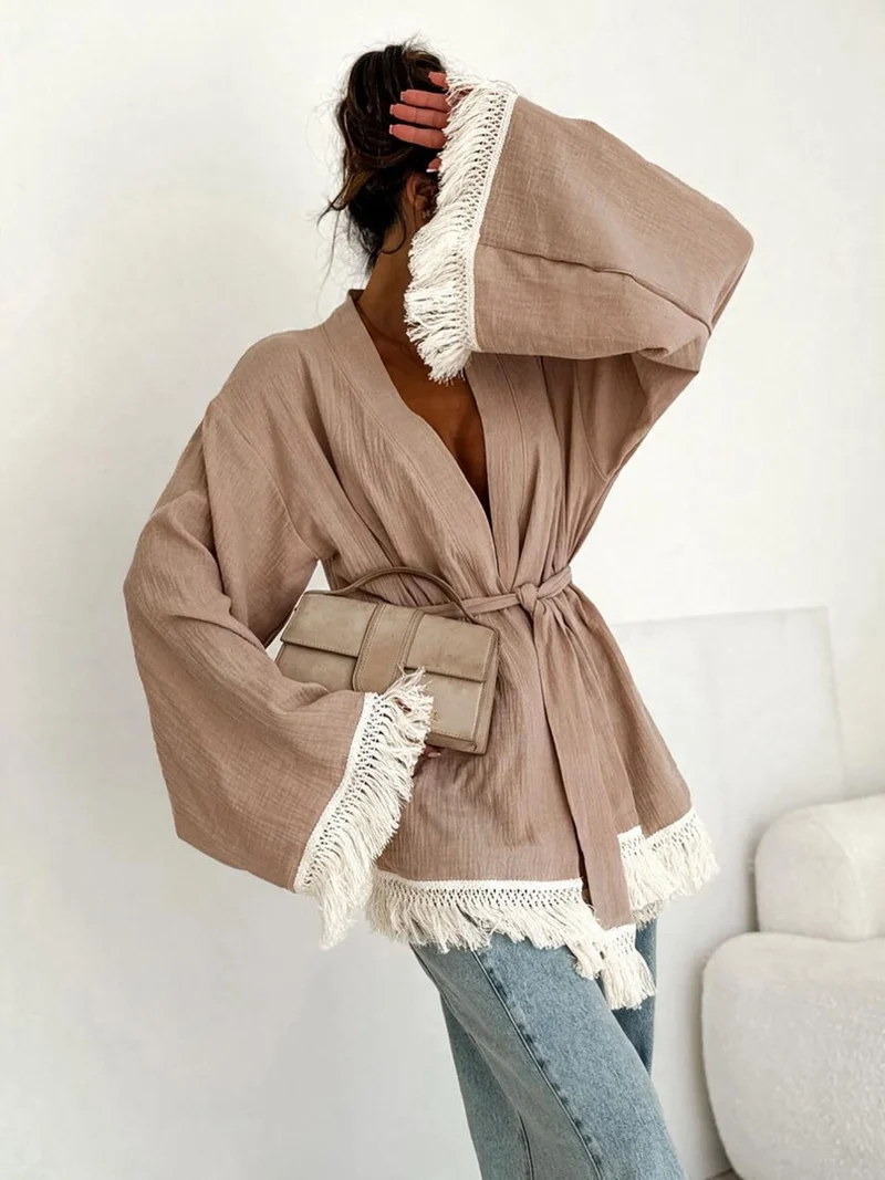 Damen Fransen-Kimono-Jacke aus Leinenoptik mit Taillengürtel Nord Taschen