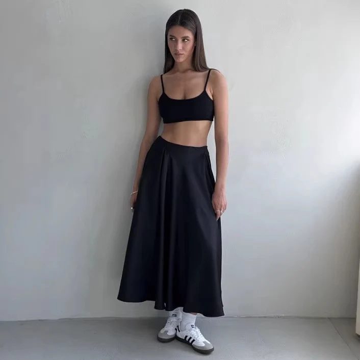 Damen Fließender Satin-Midirock mit hohem Bund und Tellerfalten Nord Taschen