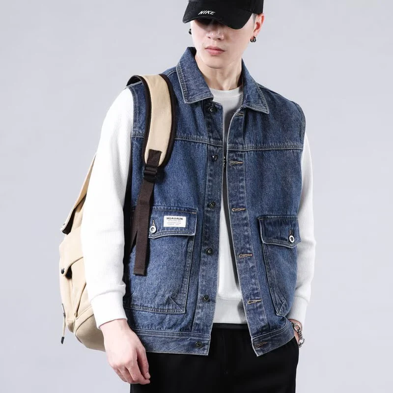 Herren Ärmellose Jeans-Workerweste mit Pattentaschen und kastiger Passform Nord Taschen