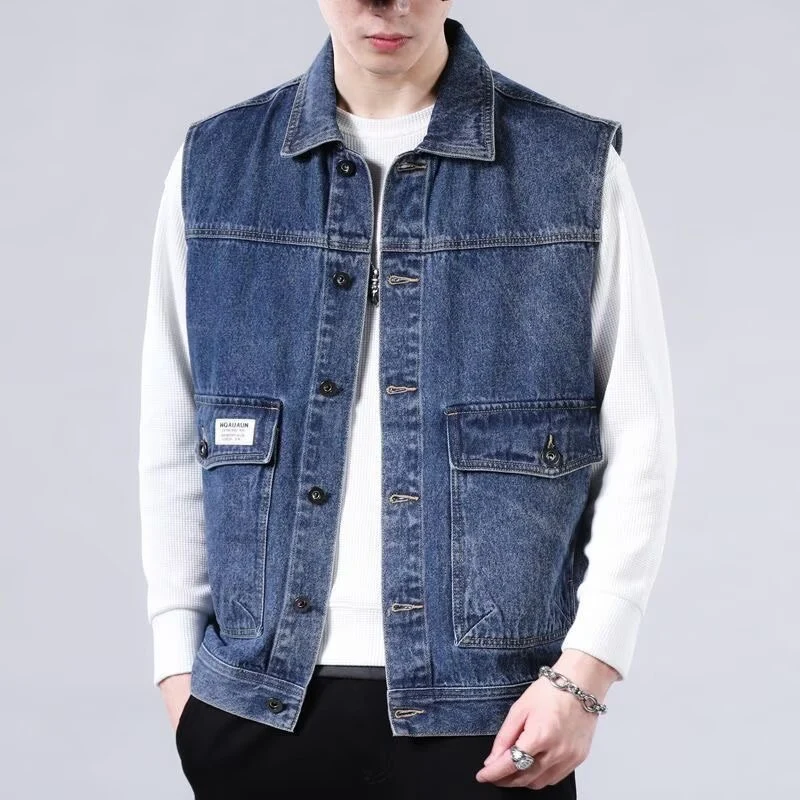 Herren Ärmellose Jeans-Workerweste mit Pattentaschen und kastiger Passform Nord Taschen
