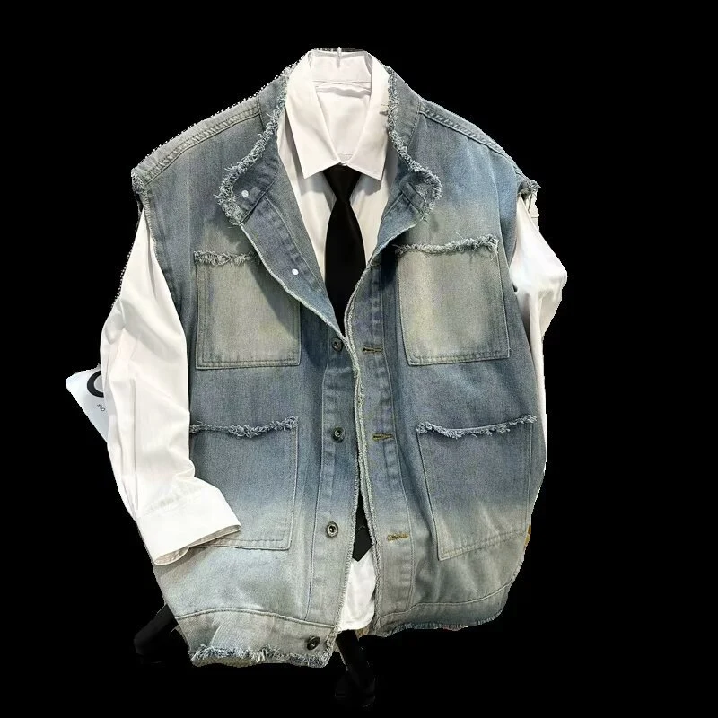 Herren Ärmellose Denim‑Weste im Vintage‑Used‑Look mit ausgefranster Saumkante und Ombre‑Fading Nord Taschen