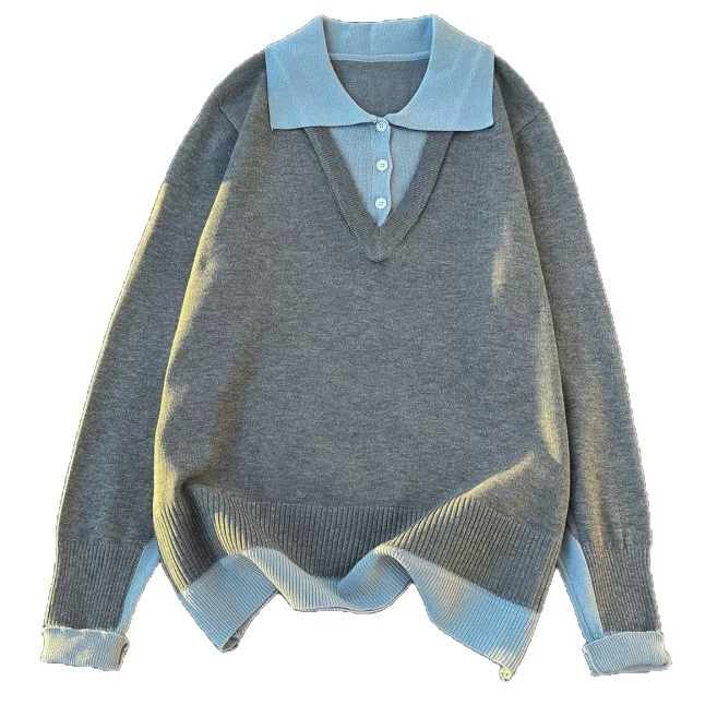 Damen Oversized Polo-Feinstrickpullover mit Kontrastkragen und geripptem Saum Nord Taschen