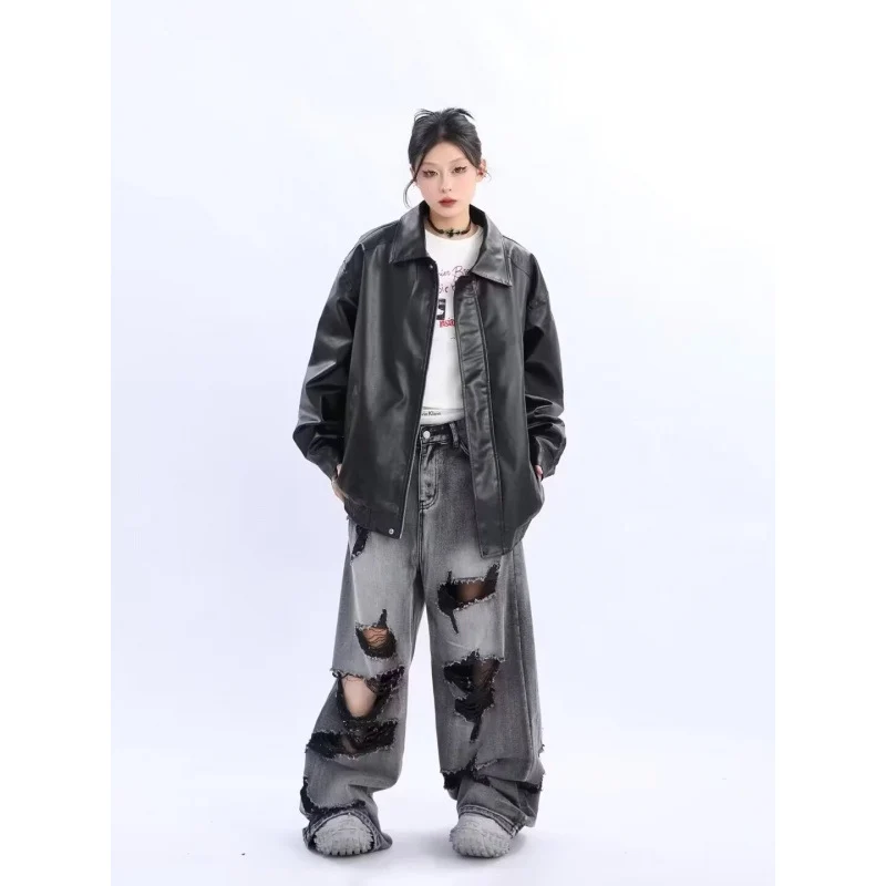 Damen Oversized Kunstleder-Blouson mit elastischem Saum und Hemdkragen Nord Taschen