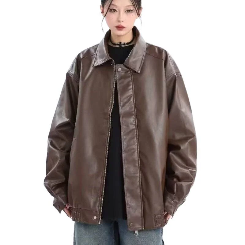 Damen Oversized Kunstleder-Blouson mit elastischem Saum und Hemdkragen Nord Taschen