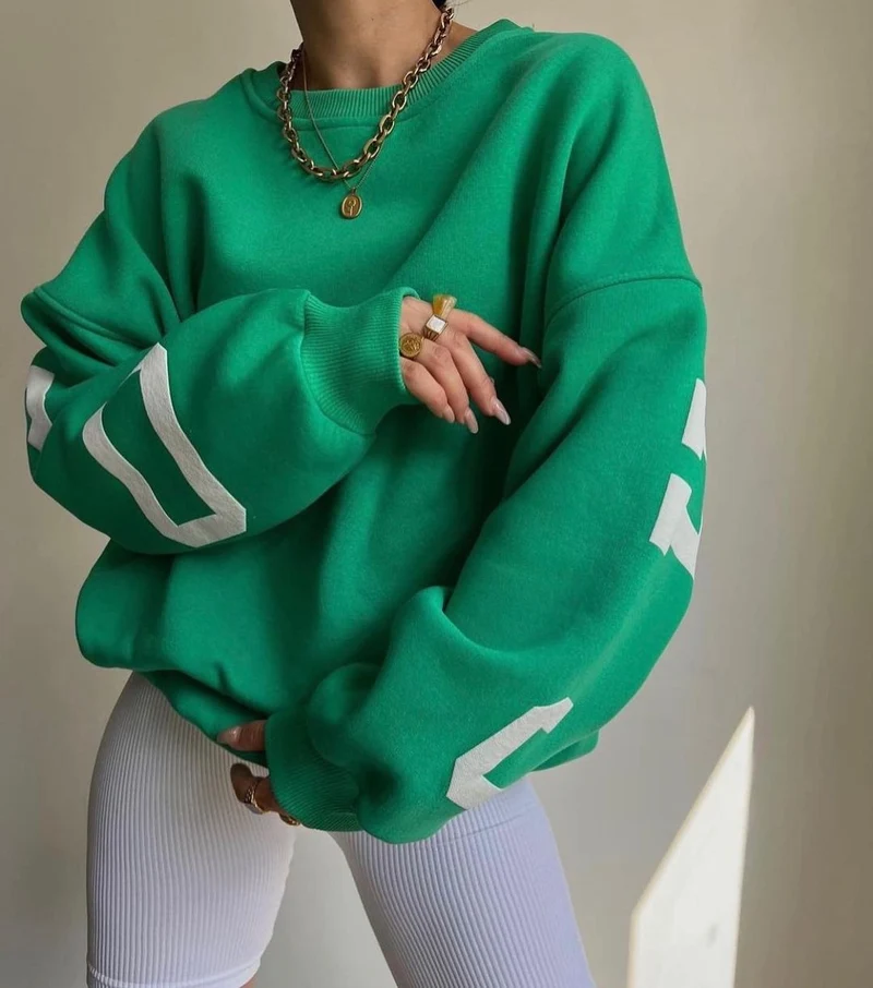 Damen Oversized Sweatshirt mit Blockprint-Ärmeln und weitem Drop-Shoulder-Schnitt Nord Taschen