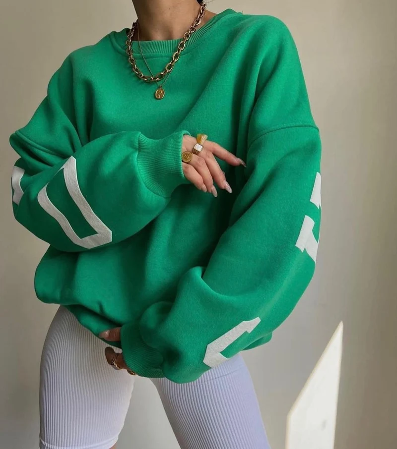 Damen Oversized Sweatshirt mit Blockprint-Ärmeln und weitem Drop-Shoulder-Schnitt Nord Taschen