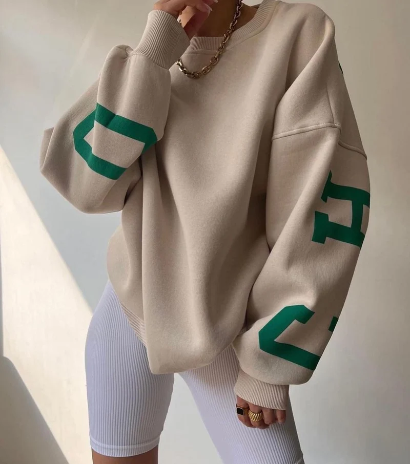 Damen Oversized Sweatshirt mit Blockprint-Ärmeln und weitem Drop-Shoulder-Schnitt Nord Taschen