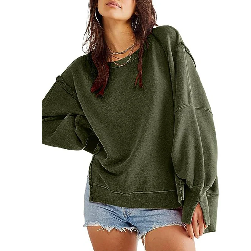 Damen Oversized Sweatshirt mit Ballonärmeln, seitlichen Schlitzen und offenen Kanten Nord Taschen