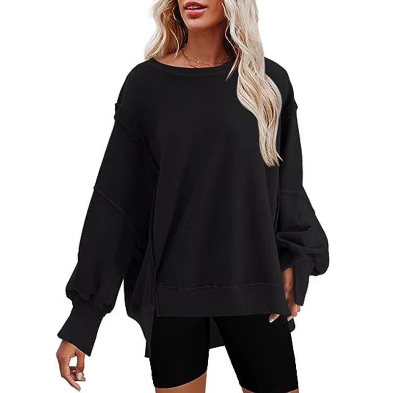 Damen Oversized Sweatshirt mit Ballonärmeln, seitlichen Schlitzen und offenen Kanten Nord Taschen