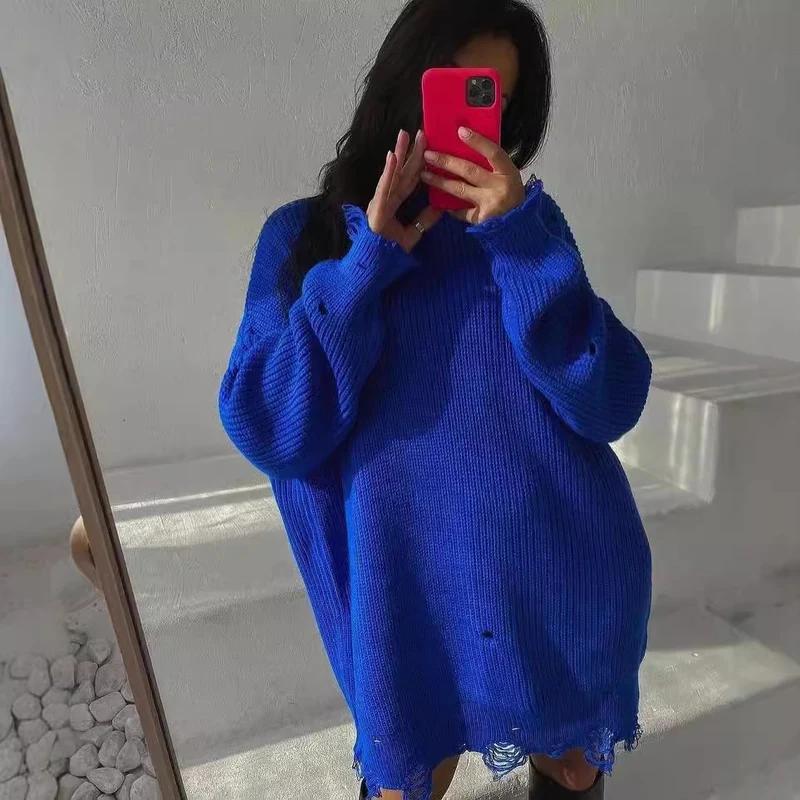 Damen Oversized Strickkleid mit Destroyed-Saum und Ballonärmeln Nord Taschen