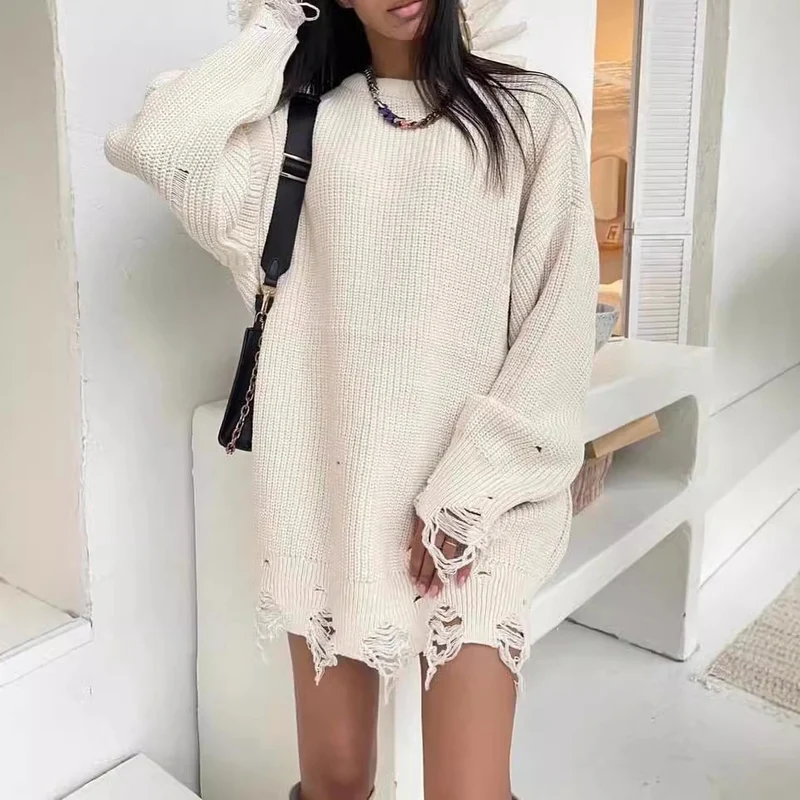 Damen Oversized Strickkleid mit Destroyed-Saum und Ballonärmeln Nord Taschen