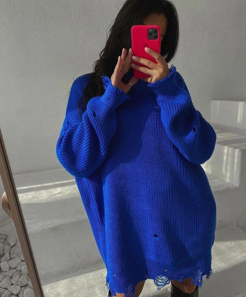 Damen Oversized Strickkleid mit Destroyed-Saum und Ballonärmeln Nord Taschen