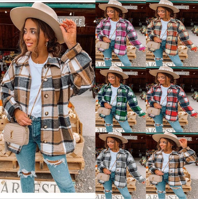 Damen Oversized Kariertes Flanell‑Shacket mit Brusttaschen und Holzknöpfen Nord Taschen
