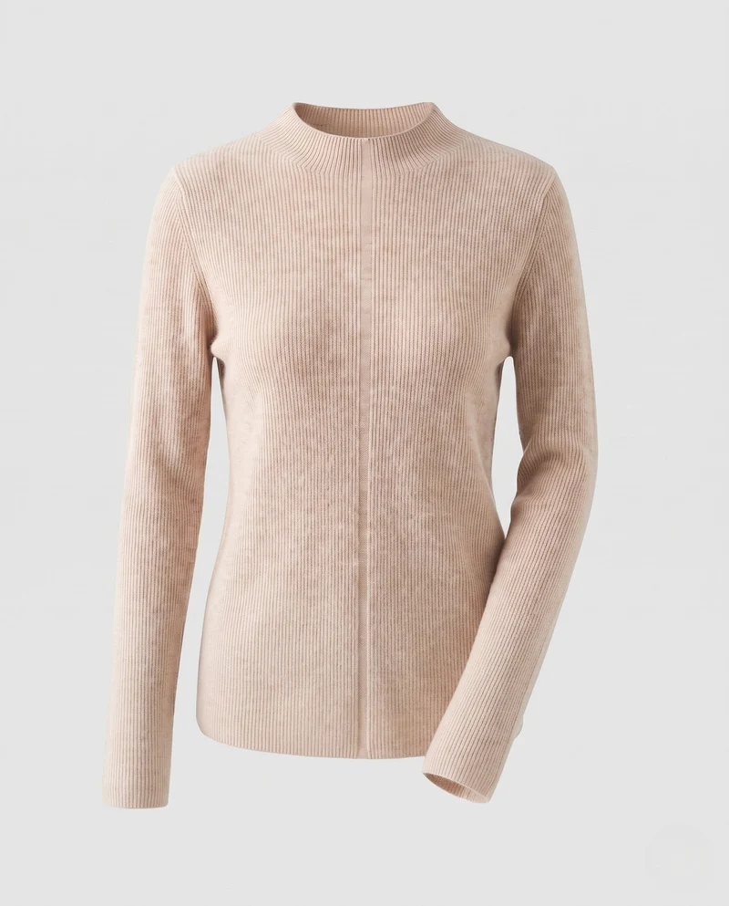 Damen Feinstrick-Mockneckpullover mit feiner Rippenstruktur, verlängerten Ärmeln und Knopfmanschette Nord Taschen