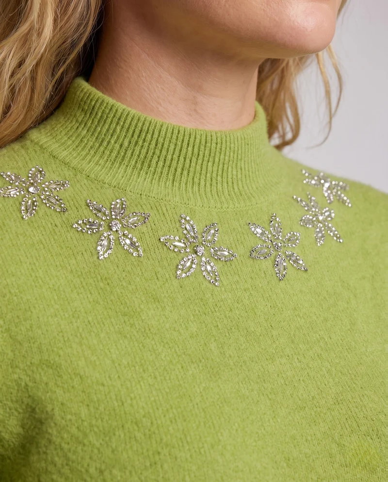 Damen Feinstrick-Mockneckpullover mit funkelnder Blüten-Strassapplikation Nord Taschen