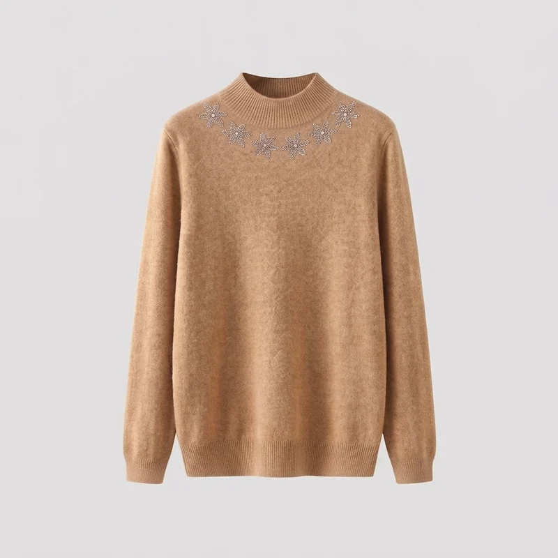 Damen Feinstrick-Mockneckpullover mit funkelnder Blüten-Strassapplikation Nord Taschen