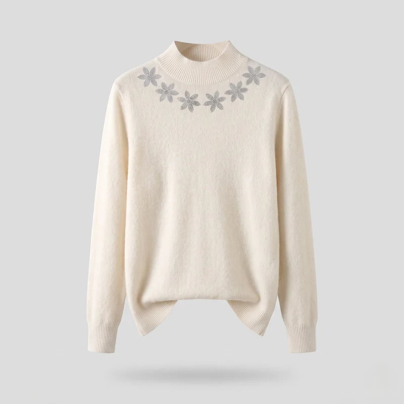 Damen Feinstrick-Mockneckpullover mit funkelnder Blüten-Strassapplikation Nord Taschen