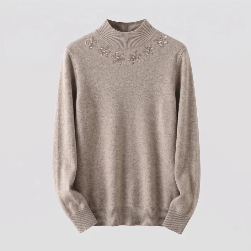 Damen Feinstrick-Mockneckpullover mit funkelnder Blüten-Strassapplikation Nord Taschen