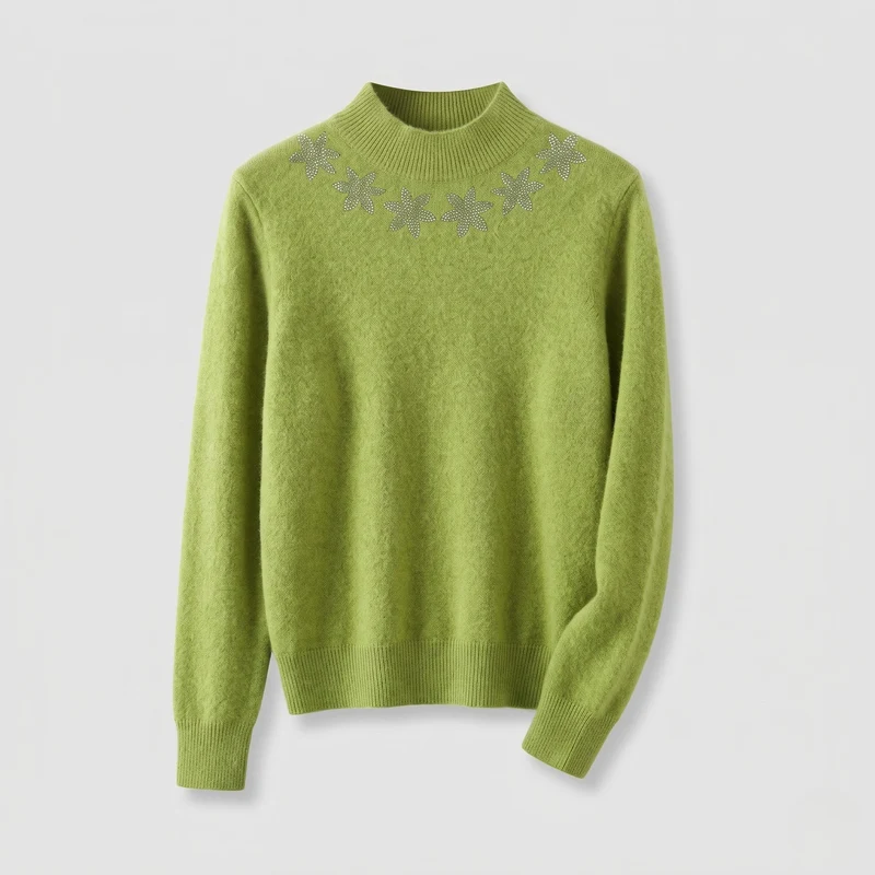 Damen Feinstrick-Mockneckpullover mit funkelnder Blüten-Strassapplikation Nord Taschen