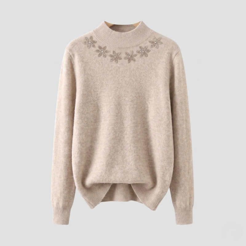 Damen Feinstrick-Mockneckpullover mit funkelnder Blüten-Strassapplikation Nord Taschen