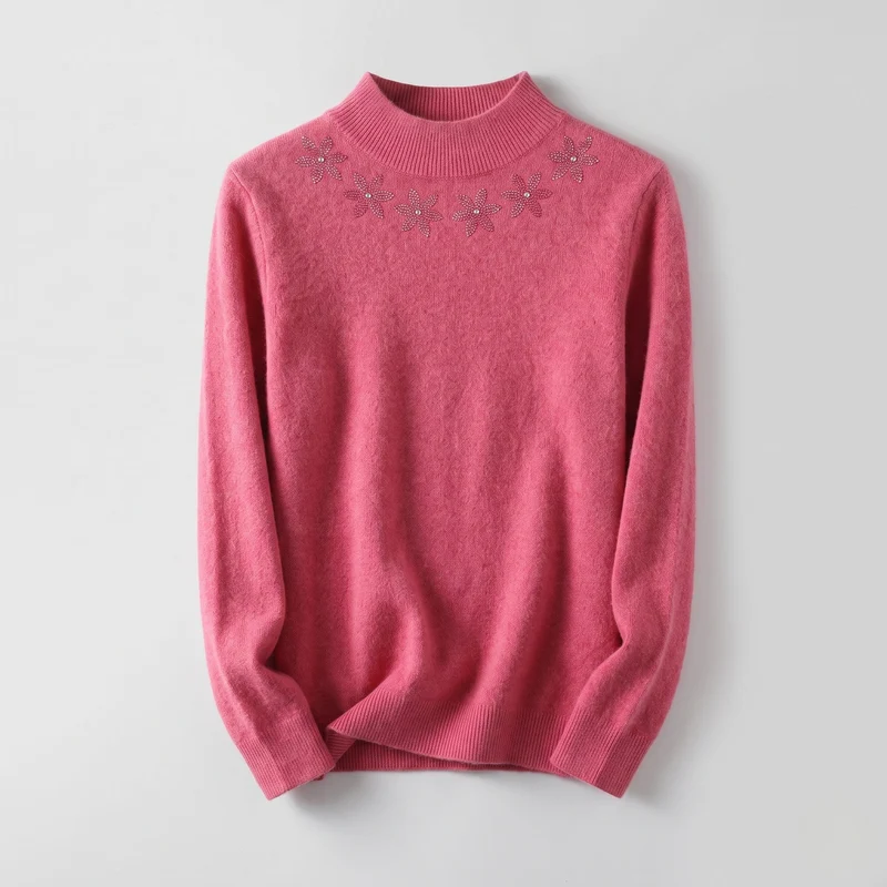Damen Feinstrick-Mockneckpullover mit funkelnder Blüten-Strassapplikation Nord Taschen