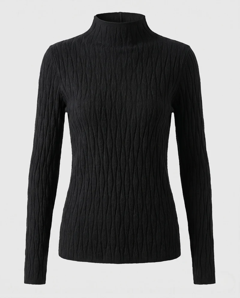 Damen Feinstrick-Mockneck-Pullover mit feiner Struktur und körperumspielender Silhouette Nord Taschen