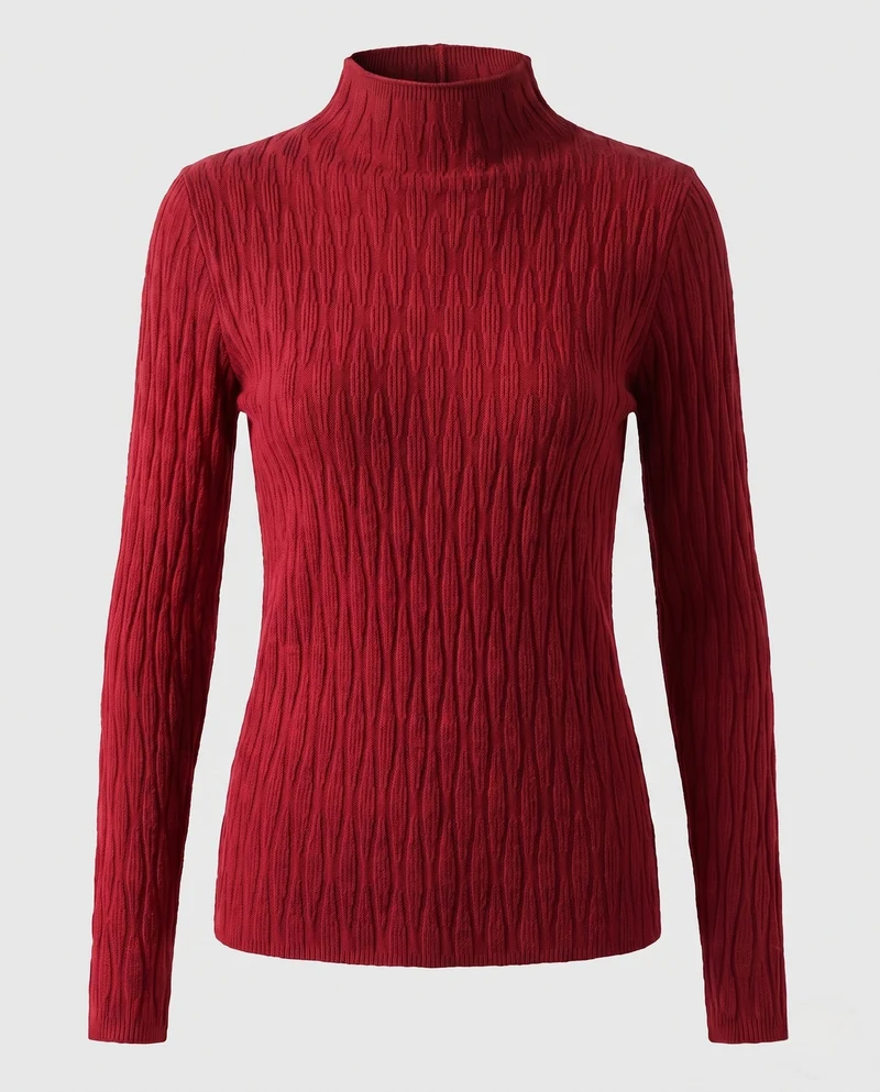 Damen Feinstrick-Mockneck-Pullover mit feiner Struktur und körperumspielender Silhouette Nord Taschen