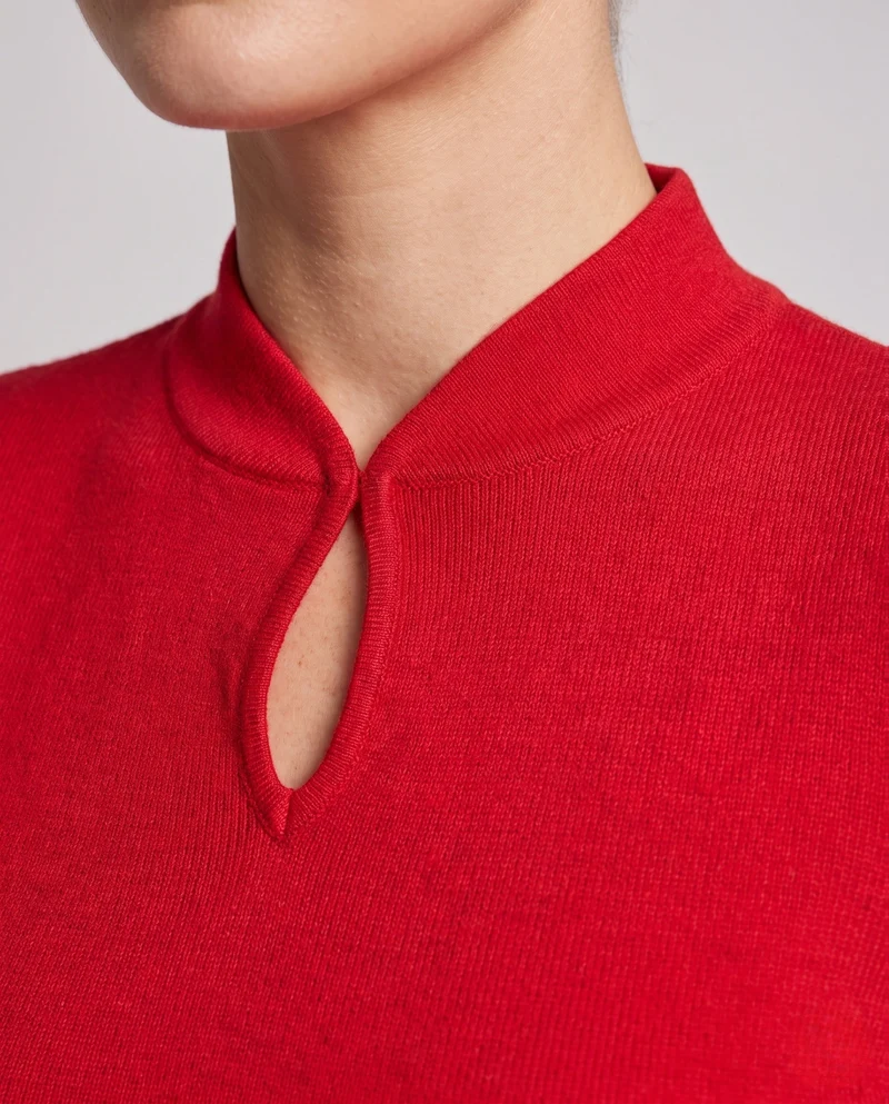 Damen Feinstrick-Longsleeve mit kurzem Stehkragen Schlitzknopf und ausgestelltem Ärmelsaum Nord Taschen