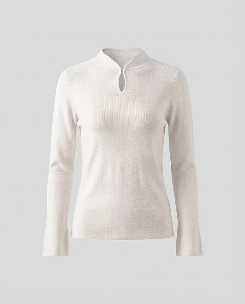 Damen Feinstrick-Longsleeve mit kurzem Stehkragen Schlitzknopf und ausgestelltem Ärmelsaum Nord Taschen