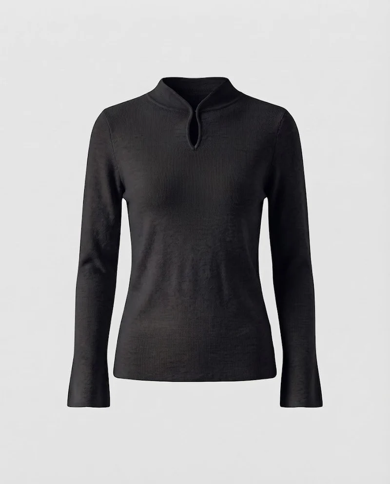 Damen Feinstrick-Longsleeve mit kurzem Stehkragen Schlitzknopf und ausgestelltem Ärmelsaum Nord Taschen
