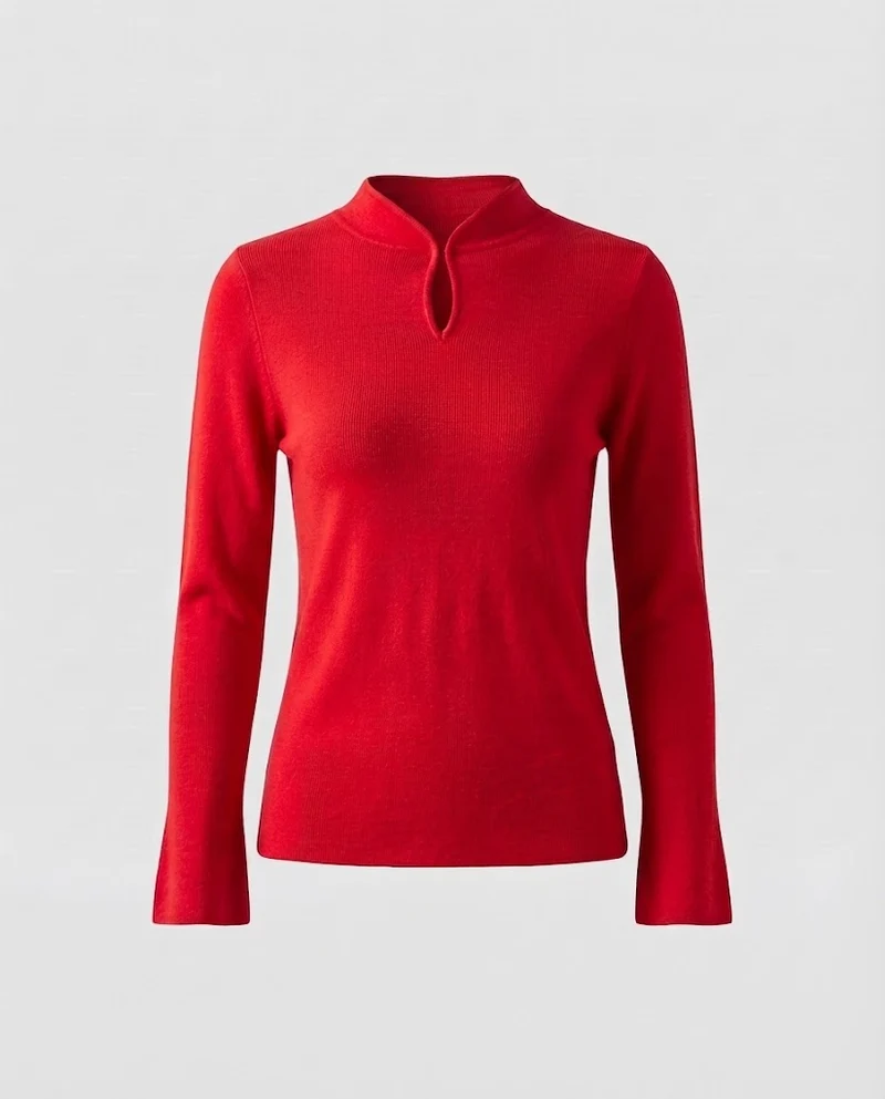 Damen Feinstrick-Longsleeve mit kurzem Stehkragen Schlitzknopf und ausgestelltem Ärmelsaum Nord Taschen