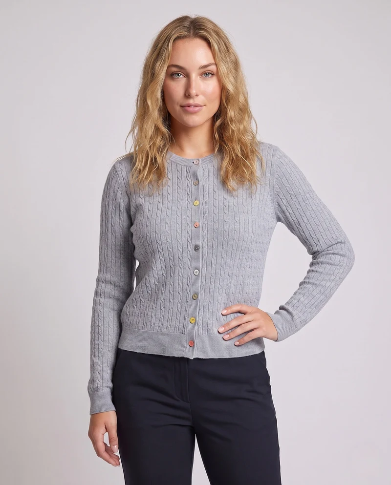 Damen Feinstrick-Cardigan mit Zopfmuster und bunten Knöpfen Nord Taschen