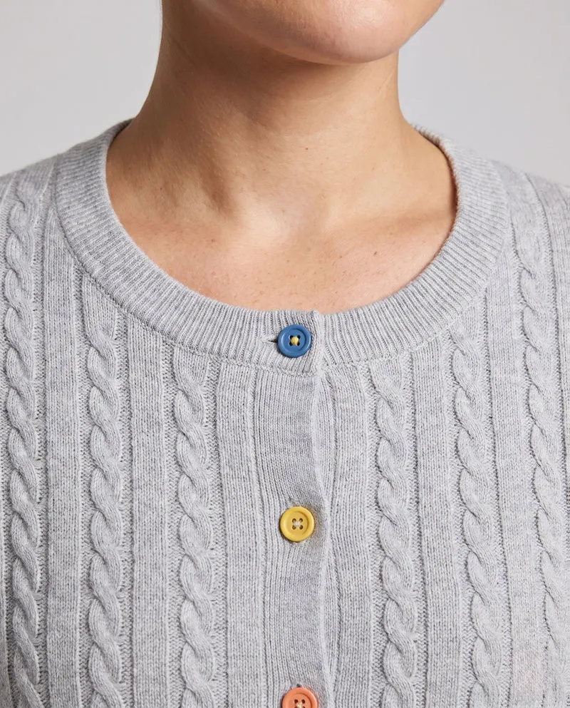Damen Feinstrick-Cardigan mit Zopfmuster und bunten Knöpfen Nord Taschen